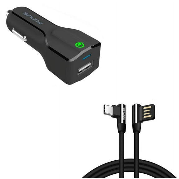 USB Port Fast 18W Car Charger w Charger Cord 10ft Type-C Angle USB Cable E2R for Samsung Galaxy A20 A10e - Sonim XP8 XP3 - Sony Xperia XZs XZ3 XZ1 XA1 L1 - Xiaomi Mi Mix 2 9