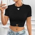 thumbnail image 5 of ATOYSOY Women's Ribbed Slim Crop Tops Fashion Shirts Solid Color Round Neck Retro for Teens Girls Summer Pullover Short Sleeve Elegant Casual Drawstring Black L, 5 of 6