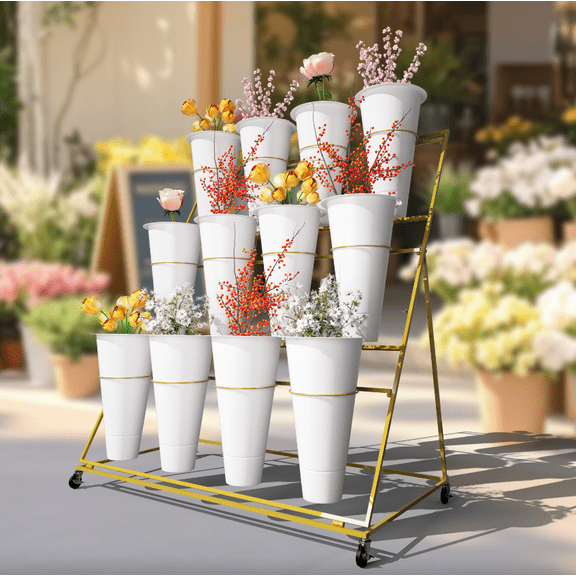3 Layers Flower Display Stand with 12pcs Buckets, Heavy Duty Moving Plant Cart Shelf with Wheels, Wrought Iron Florist Shelf for Indoor Outdoor, Patio Garden (Golden, Round Bucket)