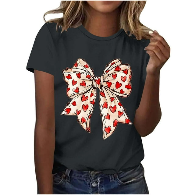 T-Shirt à Col Rond à Manches Courtes pour Femme avec Imprimé de Nœud et de Cœur pour la Saint-Valentin - T-Shirt Graphique Mignon