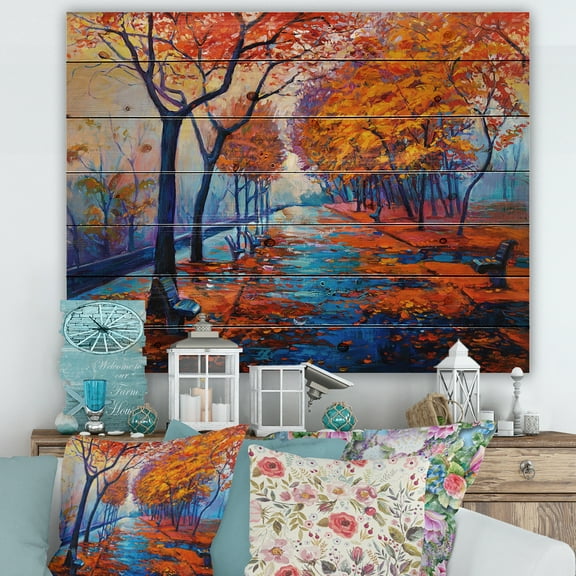 Designart 'Orange Autumn Landscape With Little Road III' Traditional Print on Natural Pine Wood