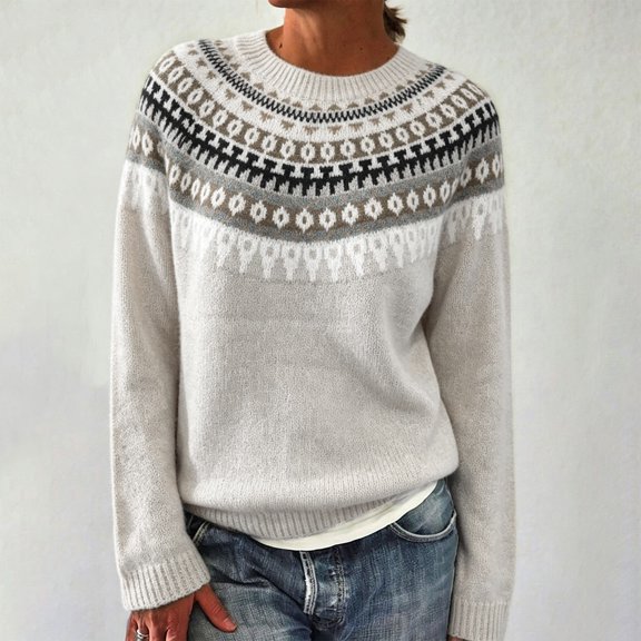 Endives Women's Sweaters Isle Geometric Print Crew Neck Long Sleeve Knit Pullover Sweater Casual Fall Top M