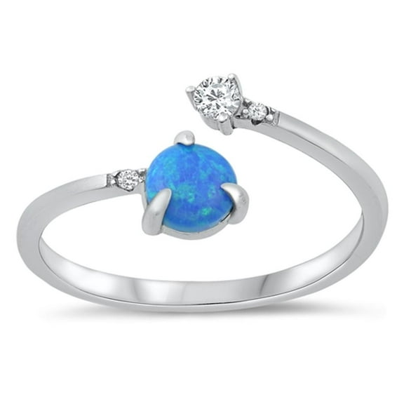 Blue Simulated Opal Clear CZ Adjustable Ring .925 Sterling Silver Band Jewelry Female Size 8