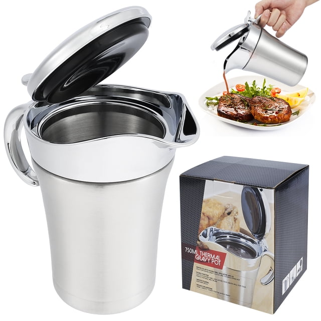 Jarra de salsa de acero inoxidable 304, olla para salsa de bistec, 26 onzas, gran capacidad, bote de salsa, jarra de salsa aislada de doble capa con tapa de plástico con bisagras, olla de salsa multif