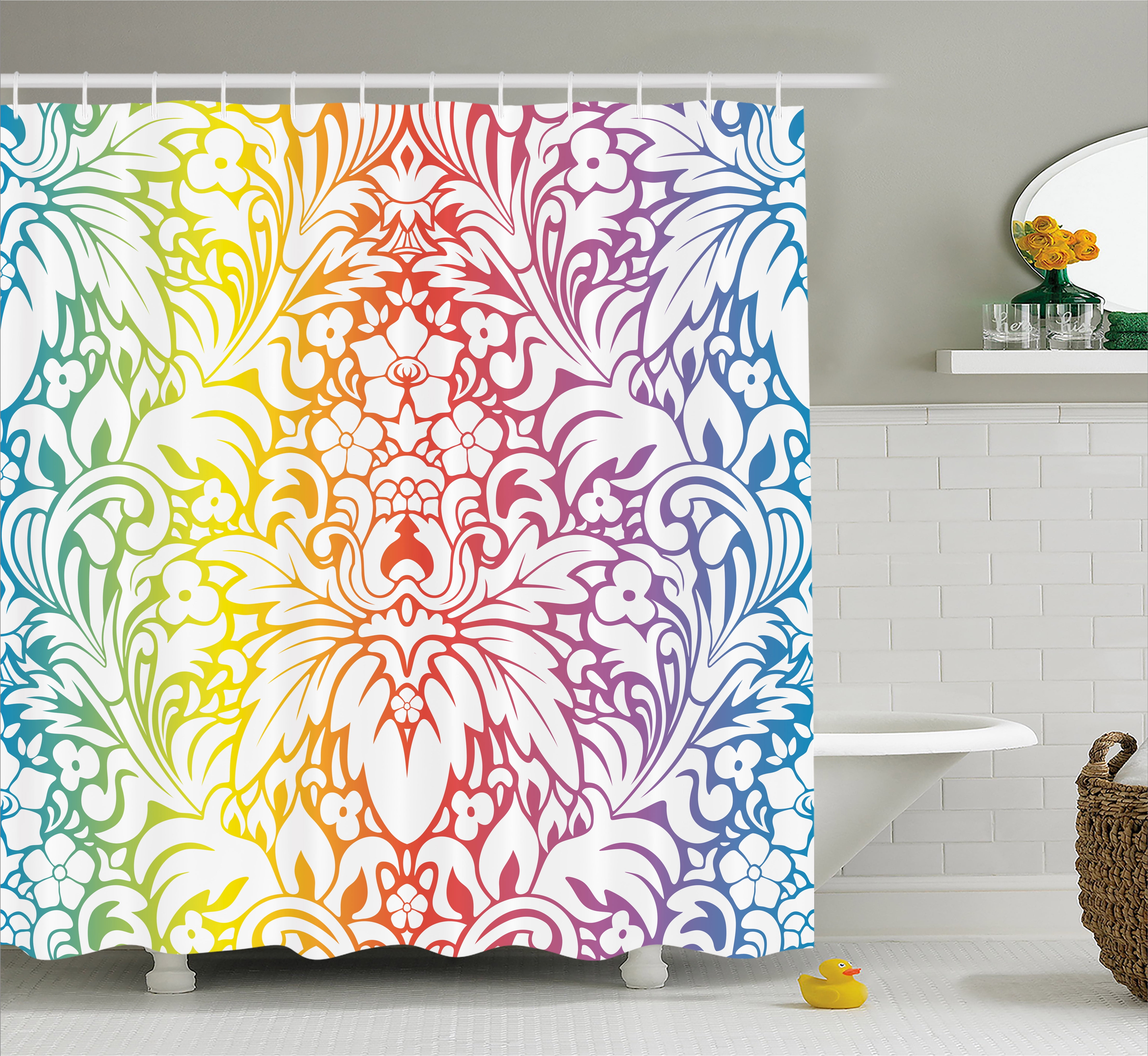 Floral Shower Curtain, Colorful Artistic Ornamental Damask Flowers