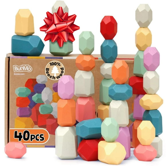 BUNMO Wooden Stacking Rocks 40pcs - Montessori Toys for 1 + Year Old - Stimulating Creative & Imaginative Play - One Year Old Baby Blocks Toy - Toys for 1 + 2 3 Year Old Boy or Girl Toys Gifts