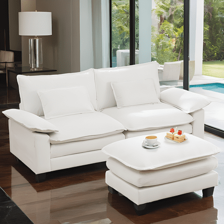 QJTC Loveseat Sofa, RV Cloud Couch with Ottoman, Double Layer Seat Sectional Sofa, 88.97"Modern Chenille Comfy Sofa, Upholstered Modular Cloud Sofa, L Shaped Couch for Living Room, Apartment, White