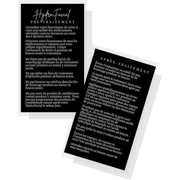 FRENCH HydraFacial Pre/Post Treatment Care Card  50 Pack  2x3.5" inch Business Card  Estheticians Client  Black and White Design