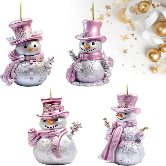 KOYPTL Pink Snowman Christmas Ornaments Set of 4 Acrylic 2D Pink Christmas Hanging Ornaments for Xmas Tree Cute Snowman Christmas Decorations Vintage Pendant for Holiday Crafts New Year Home Decor