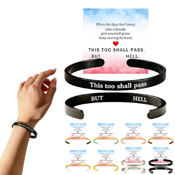 Dwellin This Too Shall Pass Mantra Cuff Bracelet Engraved Inspirational Color Bangle Hidden Message Stainless Steel Jewelry Gifts for Women (Black)