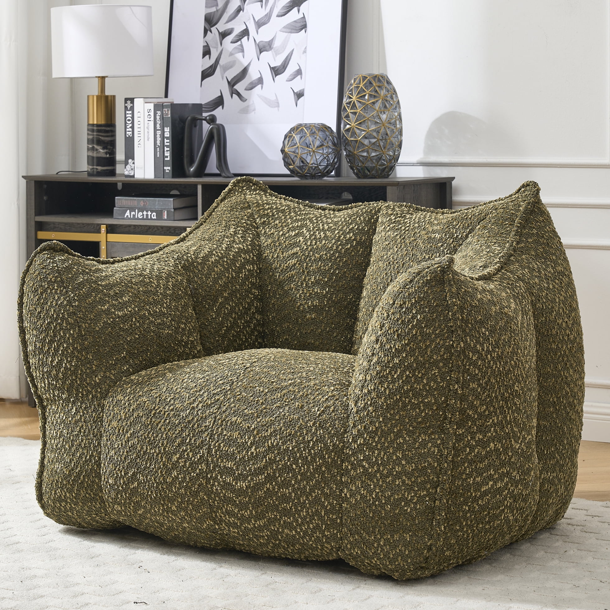 Chenille Bean Bag Sofa Chair for Adults, Fluffy Square Accent Couch with Filler, Olive Green Lazy Sofa for Reading & TV Lounging