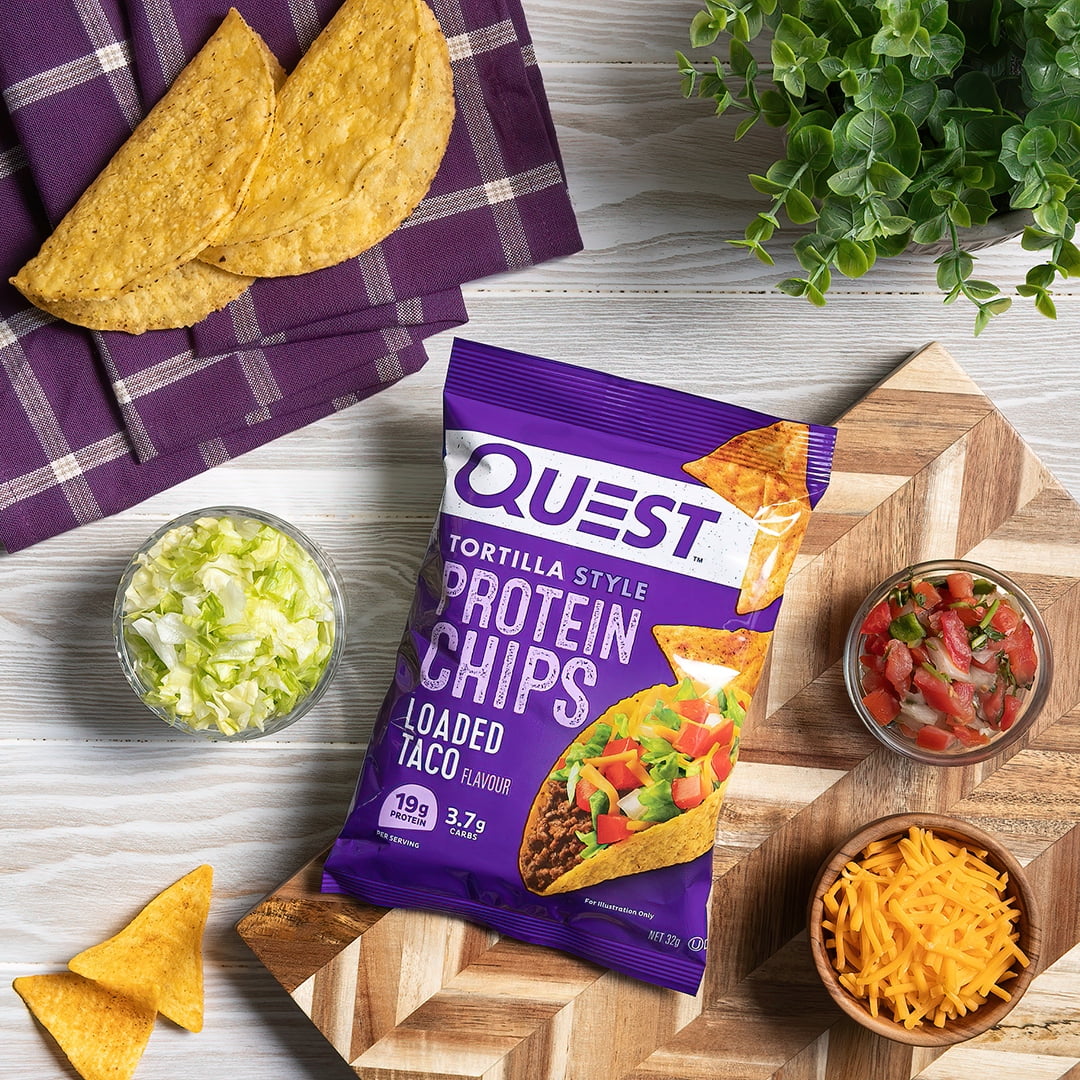Quest Tortilla Style Protein Chips, Loaded Taco Flavor, Gluten Free, Baked, 1.1oz Bags, 12 Count