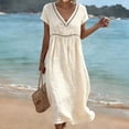thumbnail image 2 of Domzest Midi Dress for Women V Neck Short Sleeve Sundress Summer Hollow Out Waist Boho Long Dresses for Beach Vacaion Beige XXL, 2 of 9