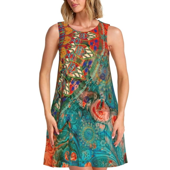 Defioc Mandala Colorful Pattern Women's Summer Dresses 2025 Beach Casual Sleeveless Tank Loose Sundress Beach Vacation Clothes with Pocket -XX-Large