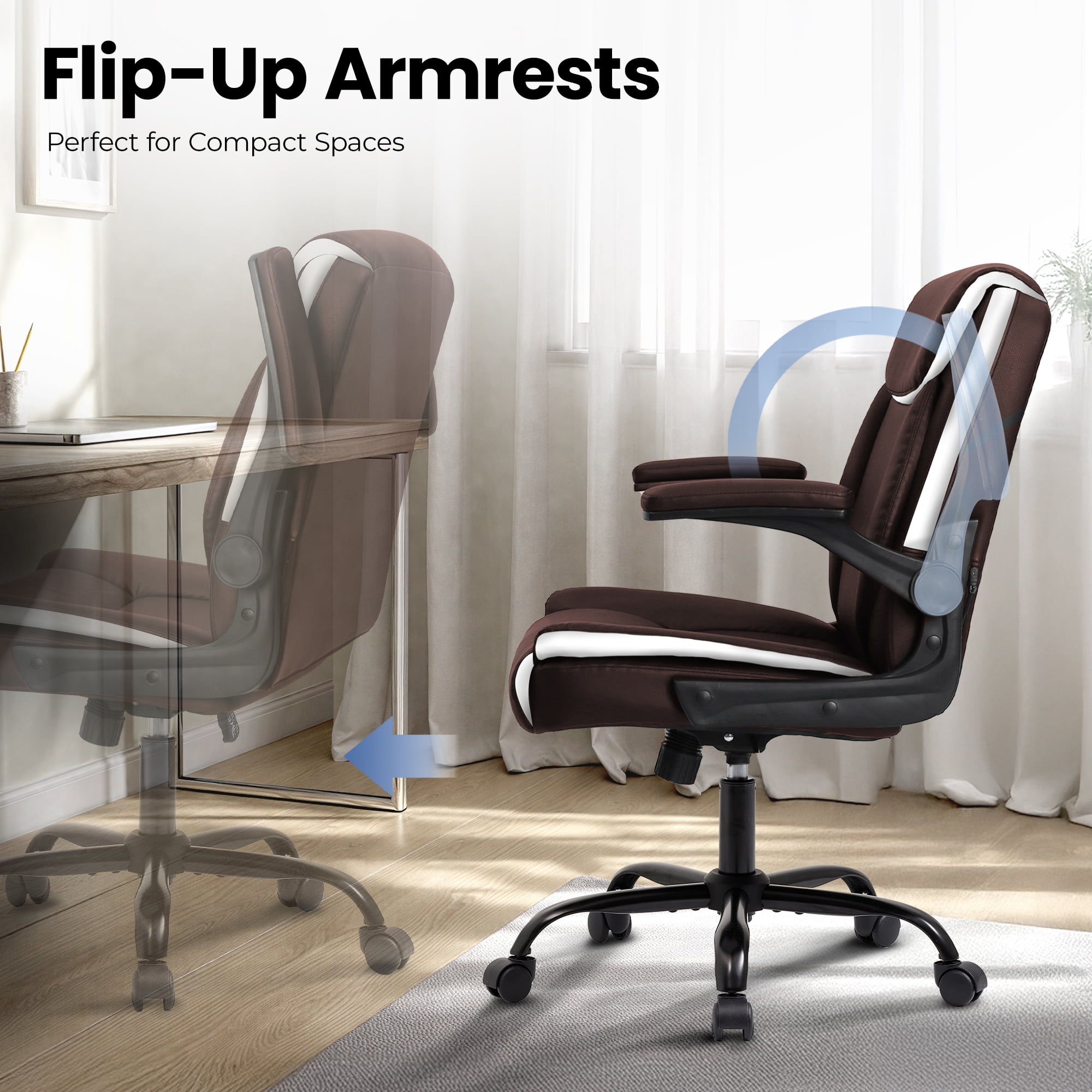 CELTOSS Leather Office Chair, Ergonomic Executive Chair with Padded Flip-Up Armrests, Mid-Back PU Computer Desk Chair, Brown