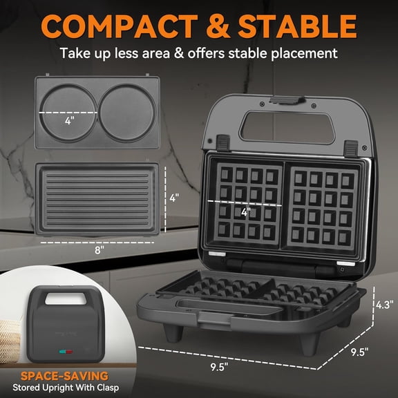 Baker’s Friend 3 in 1 Mini Waffle Maker with Removable Plates, Dual Waffle & Pancake and Grill Plates, Breakfast Sandwich Maker Press, Dishwasher Safe, Non-stick Coating, Graphite