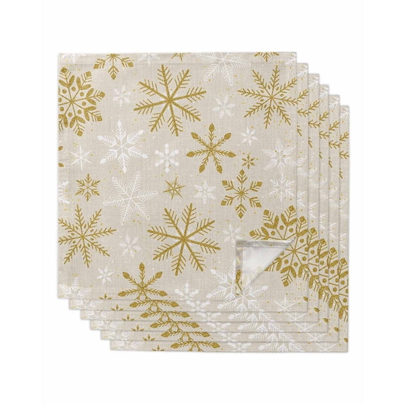 Christmas Yellow Snowflake Cloth Napkins Set of 6 Reusable Dinner Napkins, Winter Xmas Retro Beige Cocktail Napkin Washable Table Napkins for Wedding/Holiday Party/Baby Shower 20"x20"