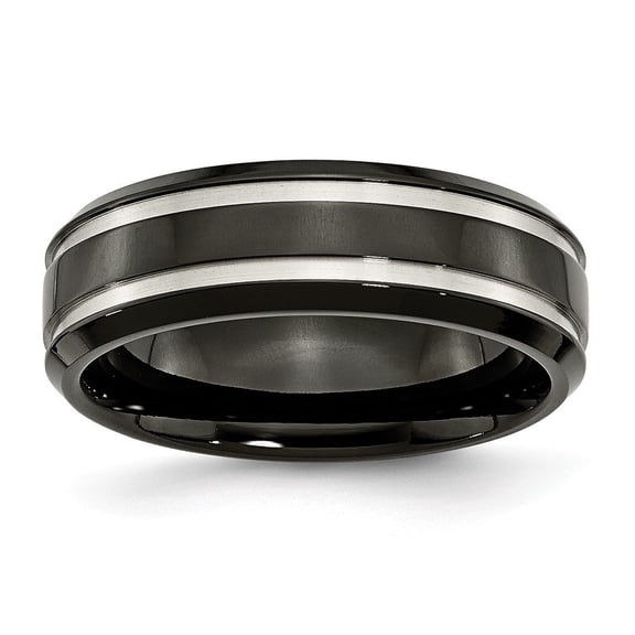 Titanium Black Plated Grooved 7mm Band Ring - Size 12.5