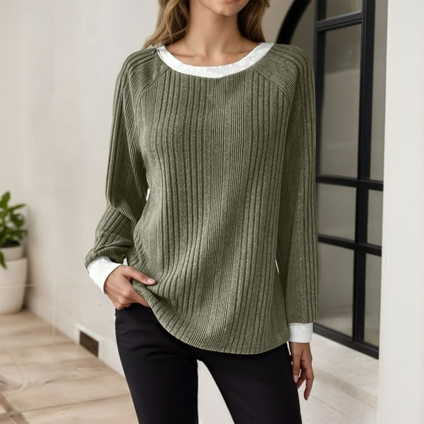 MHFRRA Camisetas Casuales para Mujer, Corte Holgado, Manga Larga, Cuello Redondo, Jersey Elegante y Cómodo, Ropa Informal para Uso Diario. Verde