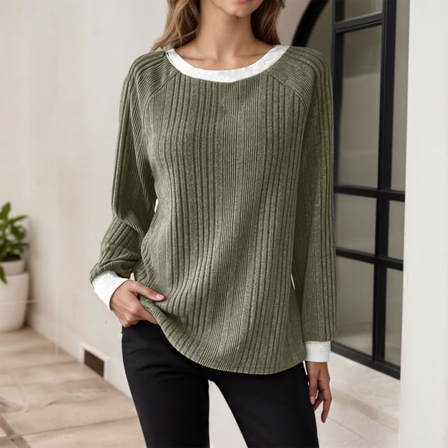 MHFRRA Camisetas Casuales para Mujer, Corte Holgado, Manga Larga, Cuello Redondo, Jersey Elegante y Cómodo, Ropa Informal para Uso Diario. Verde