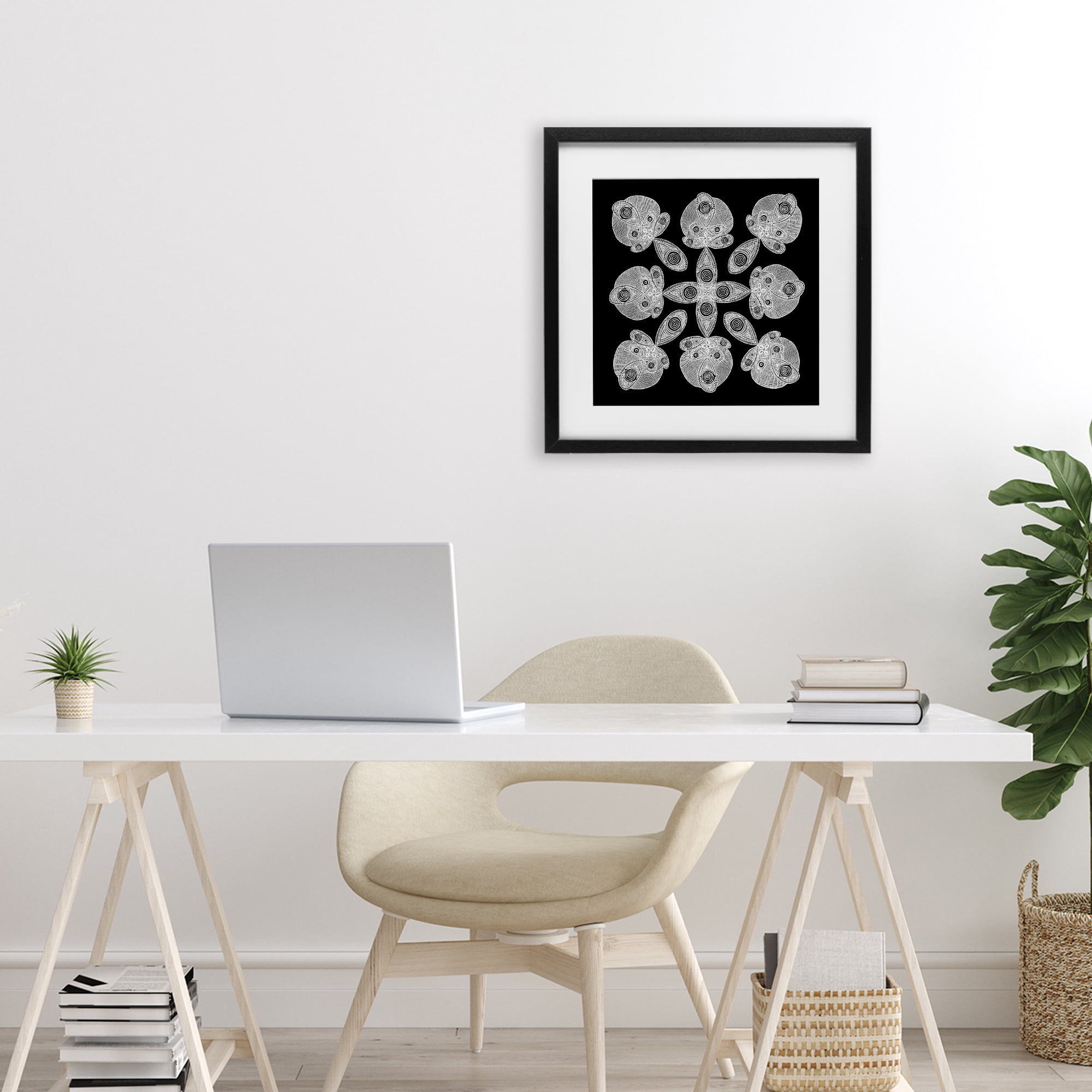 Stupell Industries Fractal Symmetry in Monochrome Black Framed Print Under Glass, design by El Perkin