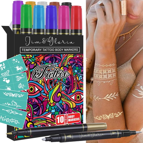 Bolígrafo para tatuajes Jim&Gloria Body Art de doble punta, 10 colores con marcadores de piel