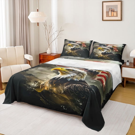 Castle Fairy Safari Eagle Twin Sheet Sets 3pcs for Boys Girls,USA Flag Twin Fitted Sheet Microfiber,Vintage Aesthetic Breathable Flat Sheet,Super Cozy Room Decor
