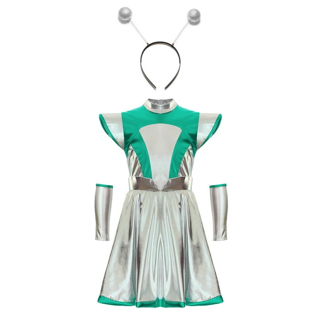 TTAO Tenue Alien pour Filles, Robe en Tulle Espace avec Manches et Cerceau, Ensemble de Fête, Vert Argent 8