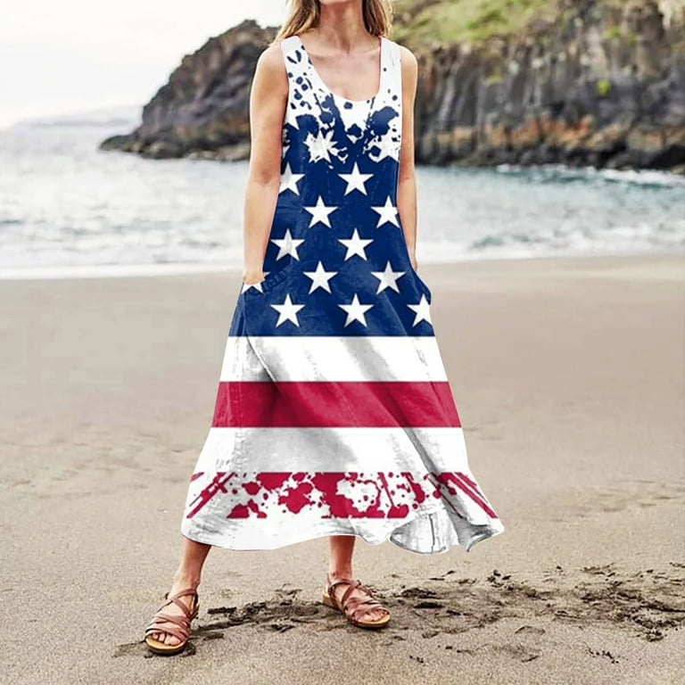 Sksloeg Womens Dresses Summer American Flag Printed Womens Dresses, Prom  Dress, Sundresses for Women, Women's Sleeveless Party Beach Dress,fashion  Holiday Summer Dress,White XXXL 