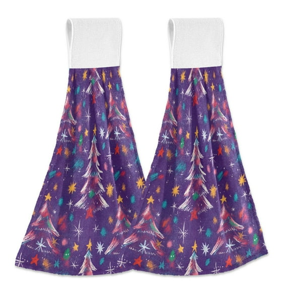 Yayeee Kitchen Hanging Hand Towels Set of 2 with Loop Bathroom Absorbent Tie Towel, Purple Christmas Tree Pattern