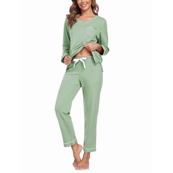 MAYFISH Women's 100% Cotton Pajama Set with V-Neck, Long Sleeves & Long Pants, 2-Piece Sleepwear with Pocket(Sage Green, Medium)