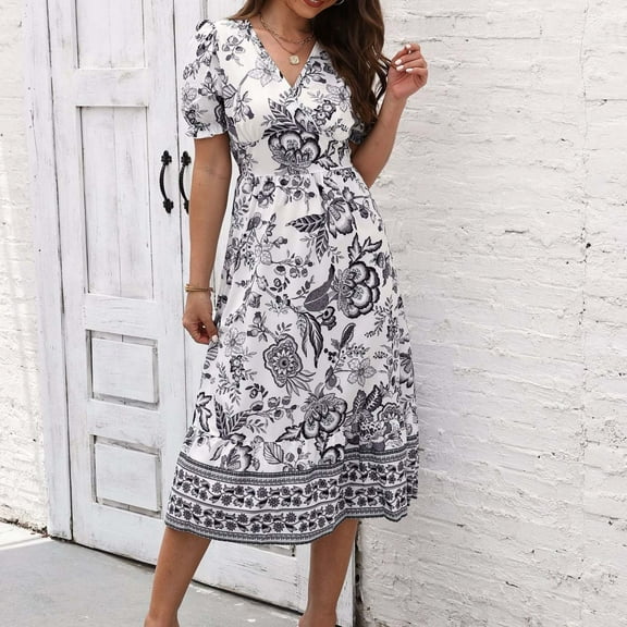 QUNYINEY Women Dresses Floral Casual Puff Short Sleeve A-Line Dress Flowy V Neck Empire Waist Maxi Sundress