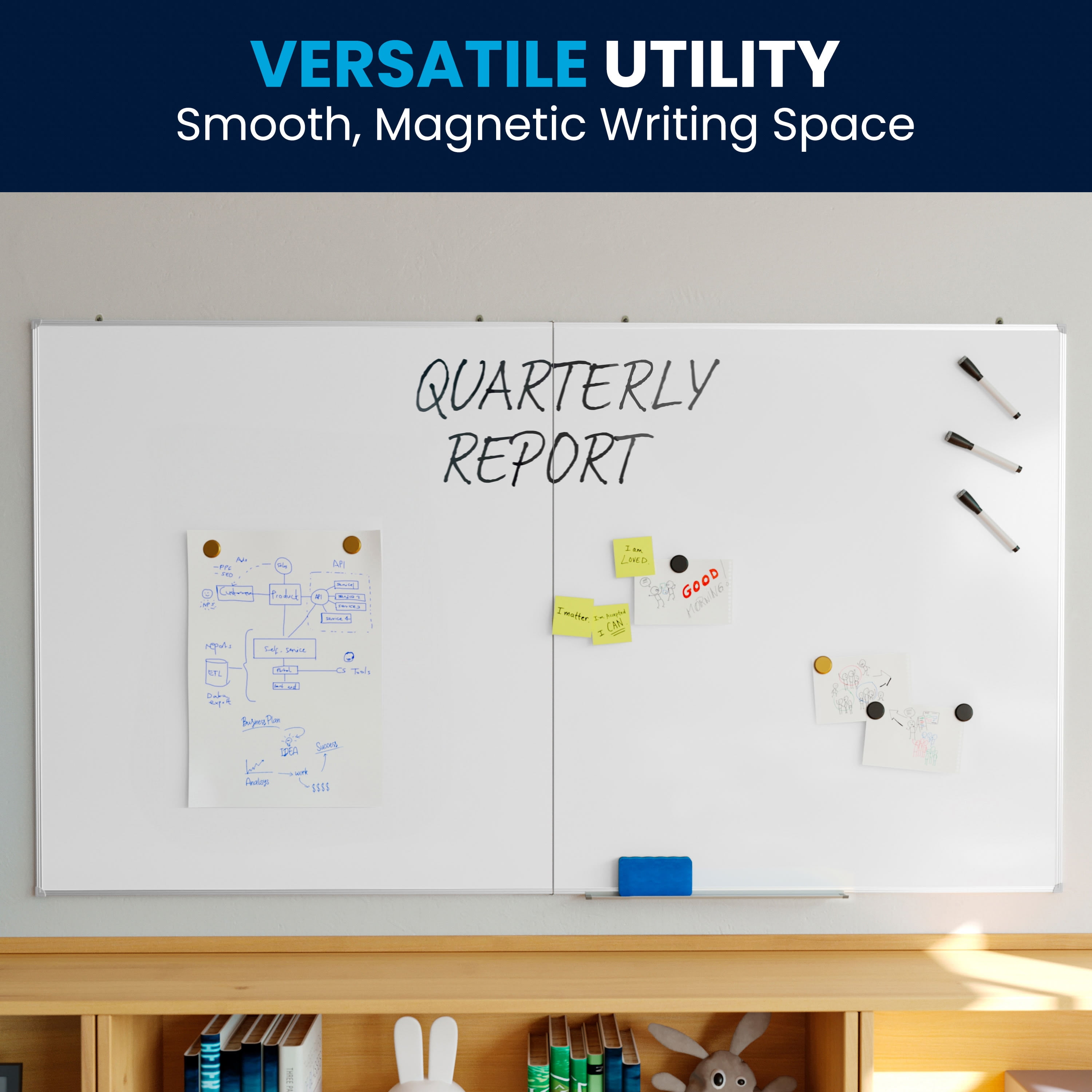 BizChair Commercial 72" x 40" Whiteboard, Aluminum Magnetic Dry Erase Board with Wall Mount, Marker Tray, Eraser, 3 Markers, 6 Magnets