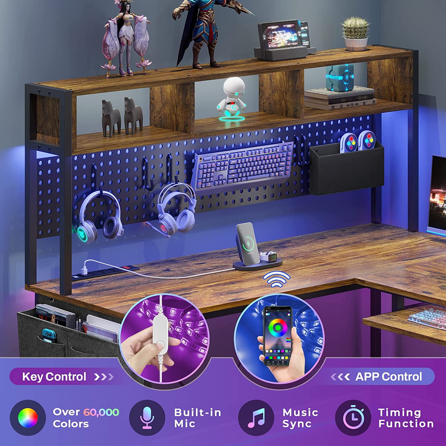 L-Shaped Office Desk with LED Lights & Charging Station, Reversible Computer Desk with Storage Shelf & Pegboard for Bedroom Study Writing, Rutic Brown