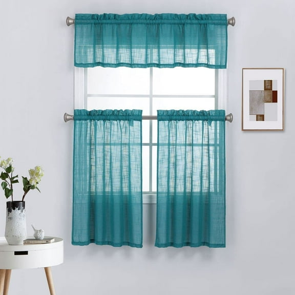 3 Piece Rod Pocket Linen Semi Sheer Kitchen Window Curtain Tiers and Valance Set 36" Long, Teal.