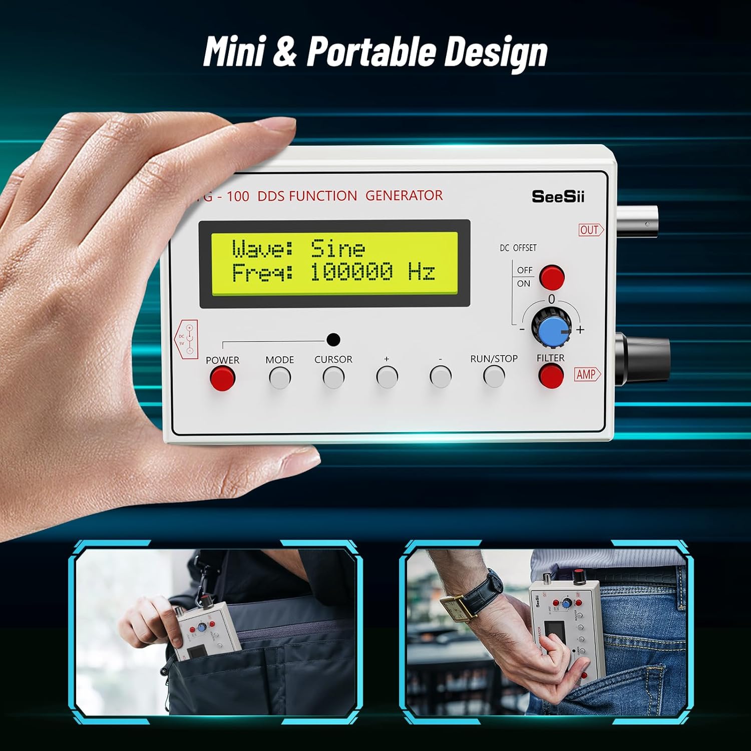 1Hz-500kHz DDS Functional Signal Generator: Portable Audio Signal Generator, Sine/Triangle/Square/Sawtooth Waveforms, USB-Powered, for Oscilloscope Testing & Circuit Debugging
