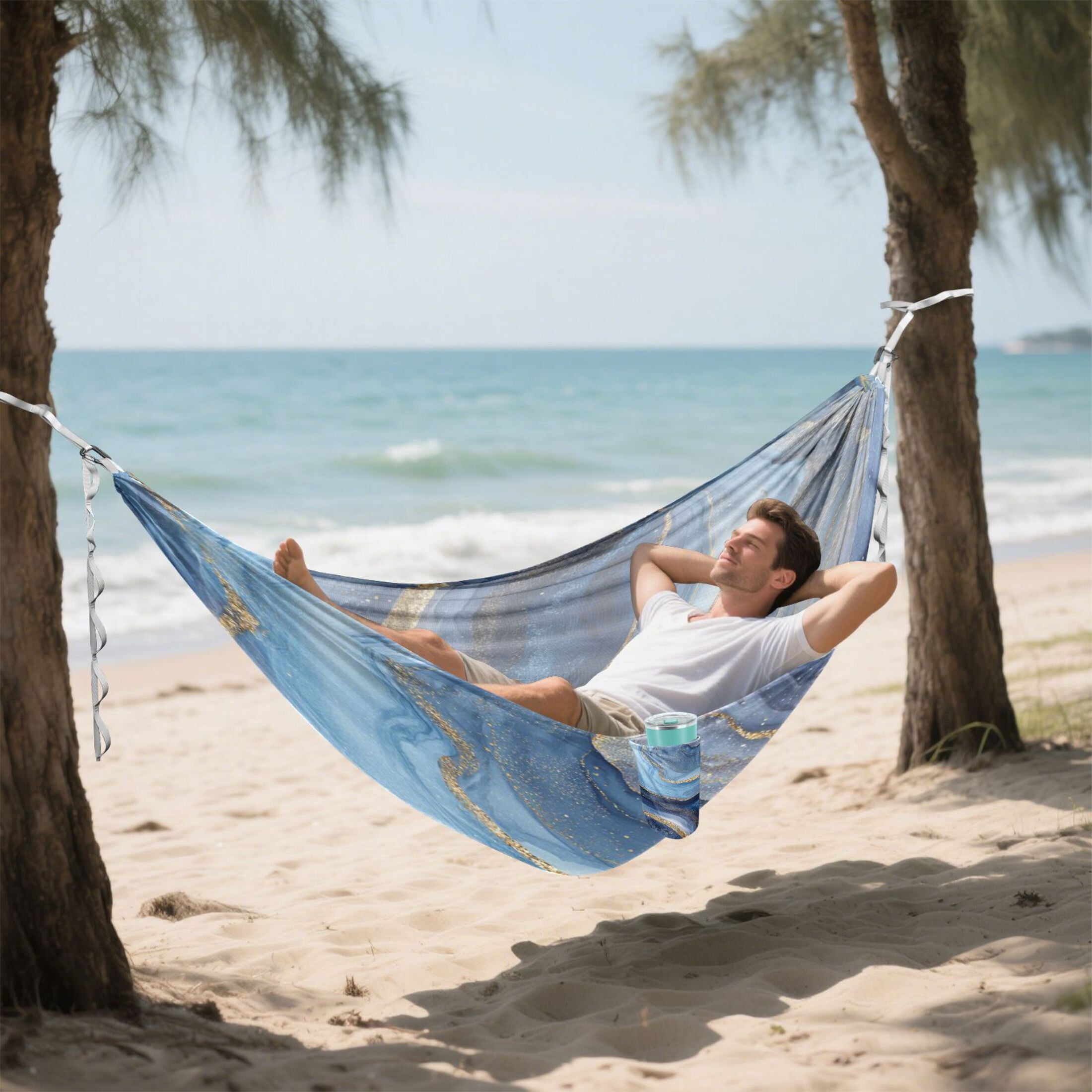 Hanging Hammock Portable Travel Camping For Outdooor Beach Camping Hiking A Blue Marble-patterned Design