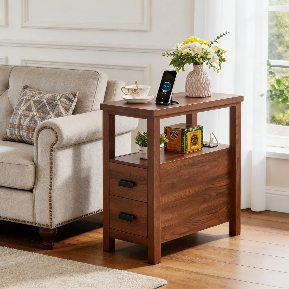 End Table with Charging Station, 2 USB Ports & 2 Outlets, 2-Drawer Nightstand, Small Wood Bedside Table, Rustic Side Table for Bedroom & Office, Walnut