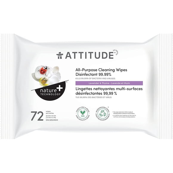 ATTITUDE All-Purpose Cleaning Wipes Disinfectant 99.99%, Eliminates Bacteria, Germs and Viruses, Biodegradable, Vegan Household Products, Lavender and Thyme, 72 Count