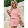 thumbnail image 3 of Women Matching Shorts Knitted Pockets Sets Fall Round Neck 2 Piece Set Summer Short Sleeve Lounge Sets Pink XL, 3 of 8