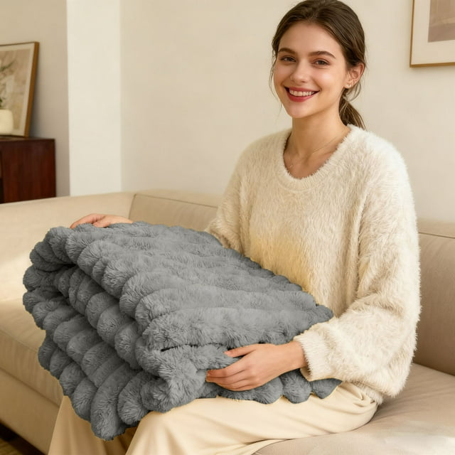 Thickened Rabbit Plu Sh Nap Blanket Faux Bunny Blanket For Adults Soft Warm Fuzzy Throw Blanket For Bed Sofa Travel And Off Ice Grey