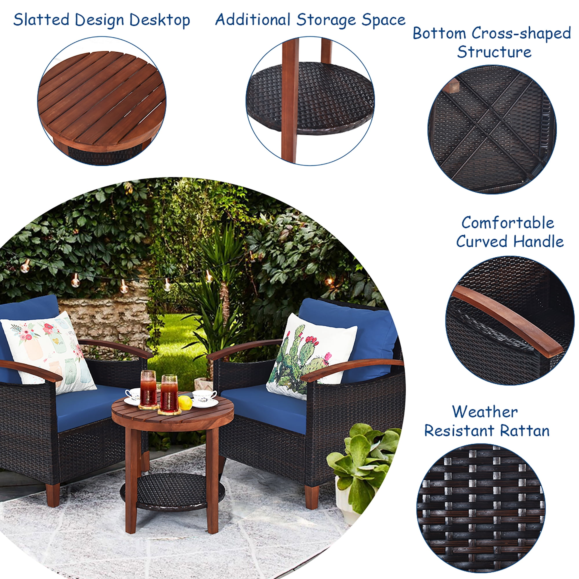 Costway 3PCS Patio Rattan Furniture Set Solid Wood Frame Cushion Sofa Round Table Shelf