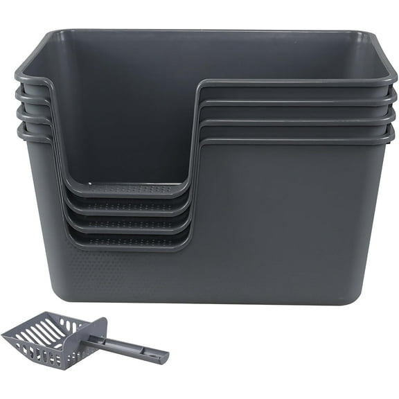4 Pack Extra Large Plastic High Sides Cat Litter Pan, Open Top Cat Litter Box with Cleaning Scoop, Gray