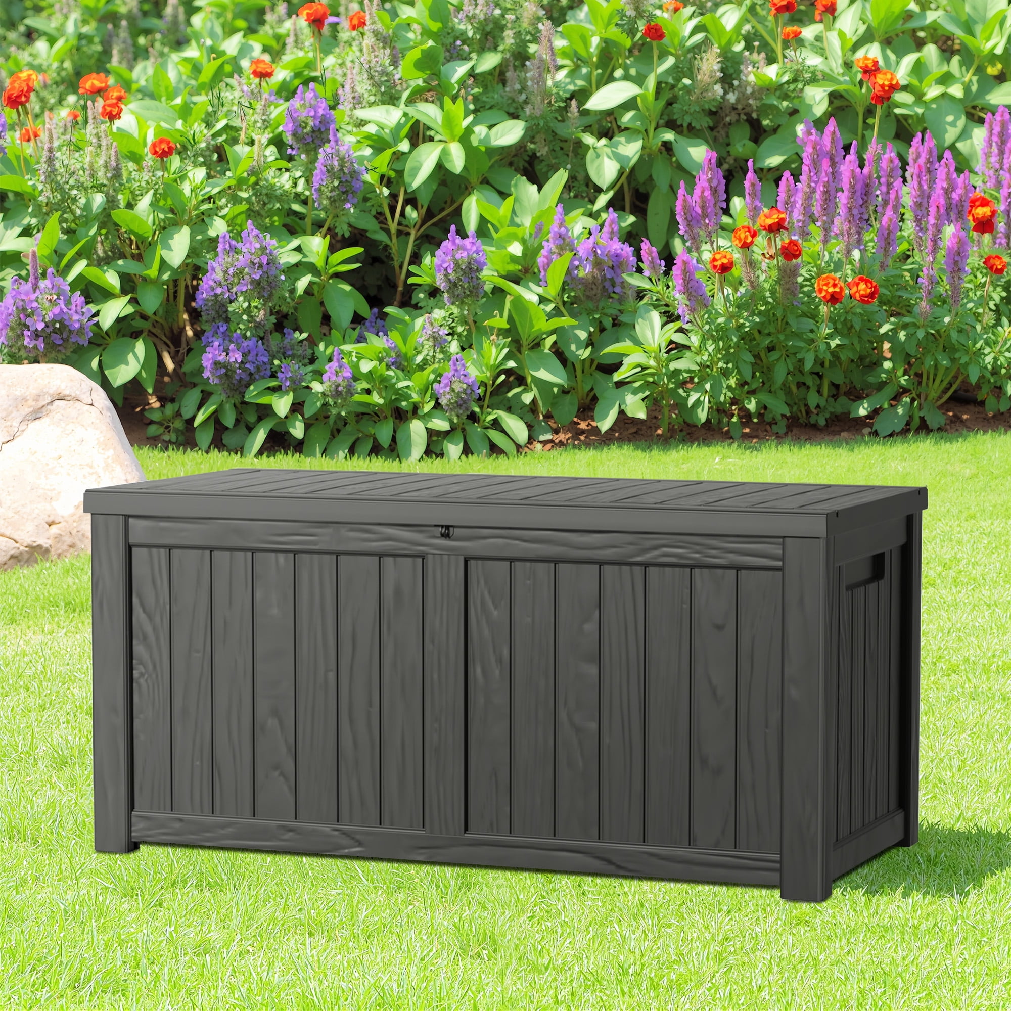 MAYEERTY 120 Gallon Outdoor Deck Box, Large Capacity Storage Box for Patio Furniture Cushions, Pillow with Wheels, Black
