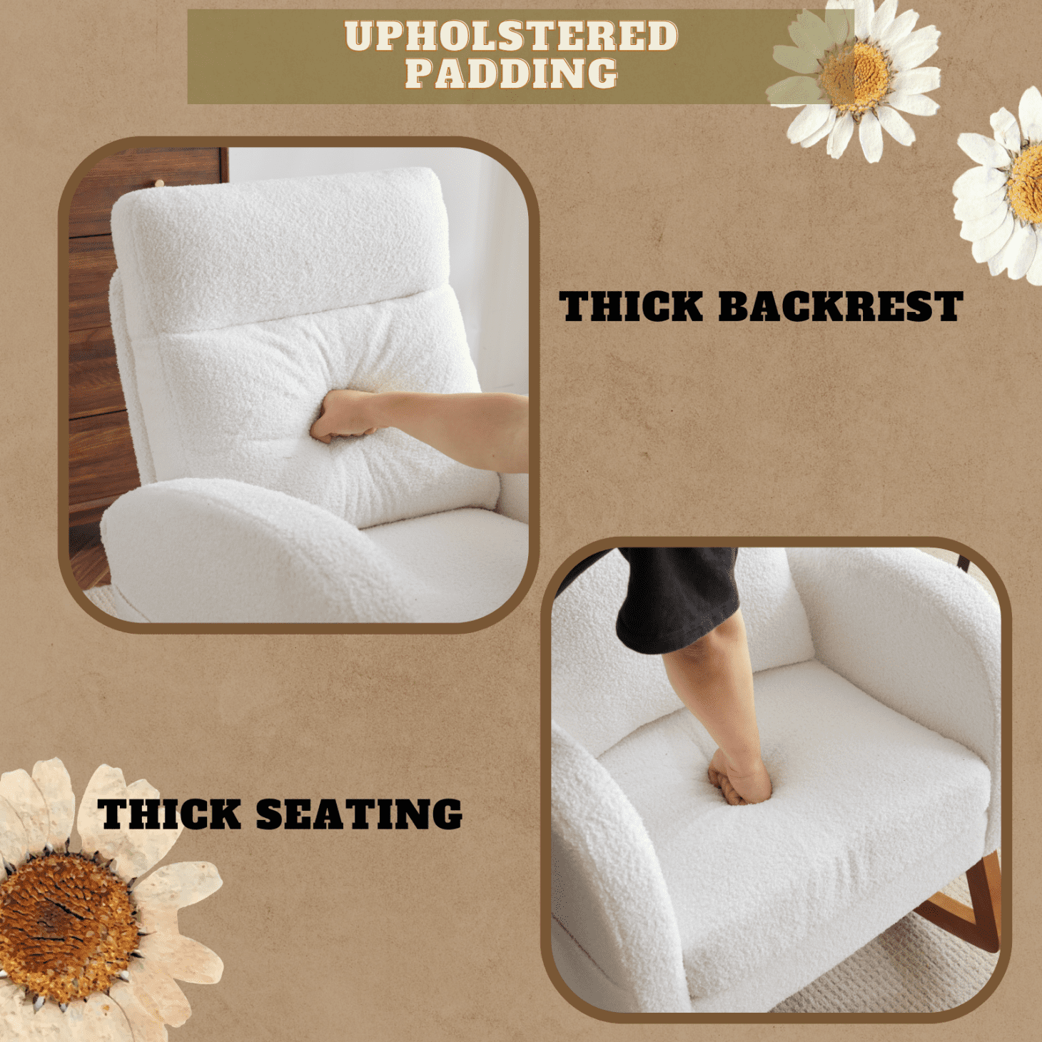 Rocking Chair Nursery with Thick Headrest, Upholstered Mid-Century Modern Nursing Rocker Glider with Curved Armrest, Sturdy Solid Wood Base for Living Room, Bedroom, Baby Room (White Teddy Fleece)