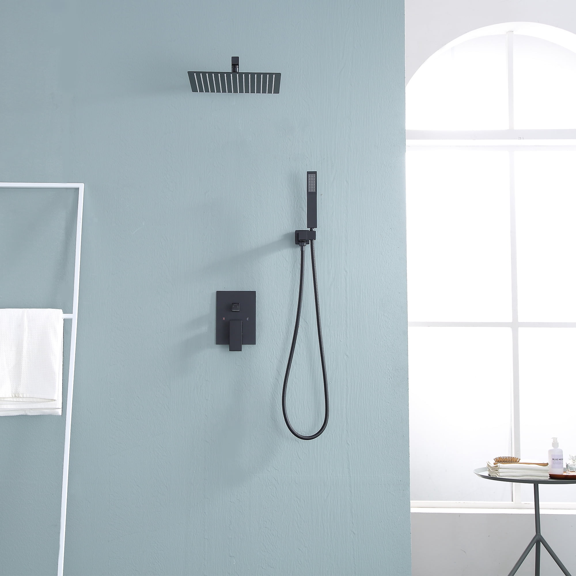 Logmey  10 inch Matte Black Double Head Rain Shower Rainfall Shower Head Wall Mounted Shower Heads with Handheld Spray Combo Shower Fixtures