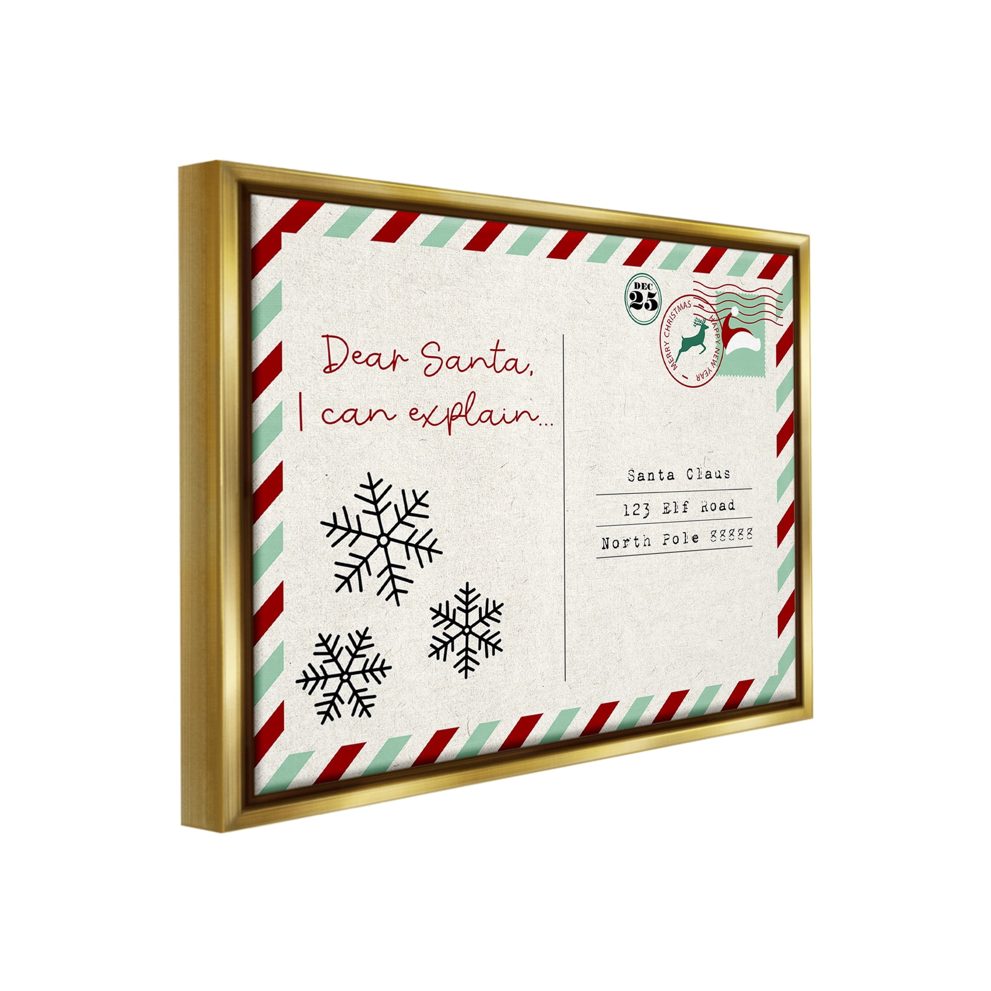 Stupell Industries Dear Santa Postcard Holiday Painting Gold Floater Framed Canvas Art Print Wall Art, 31 x 25