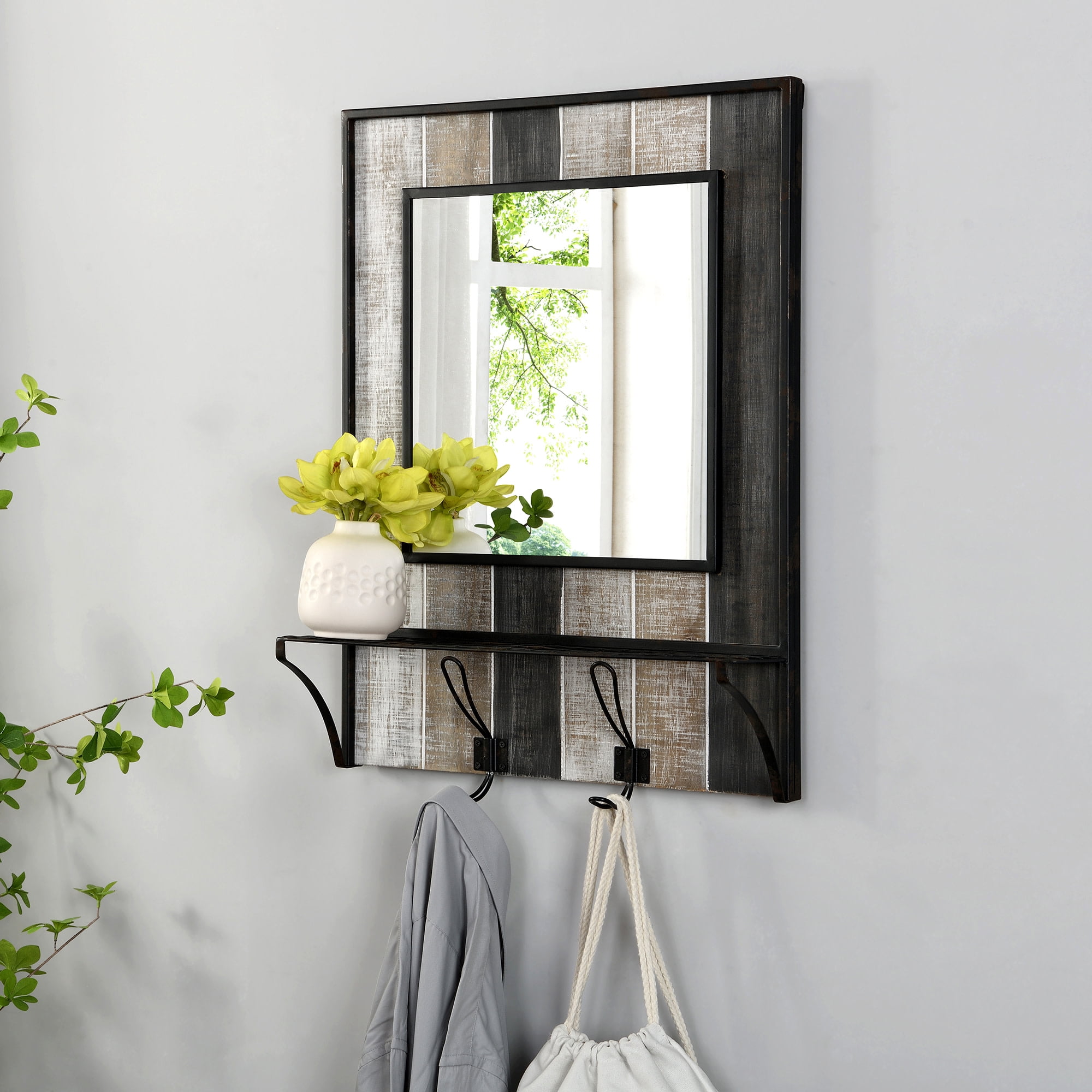 FirsTime & Co. Gray Middleton Planks Wall Mirror With Hooks, Farmhouse, Rectangular, 20 x 5 x 26 in