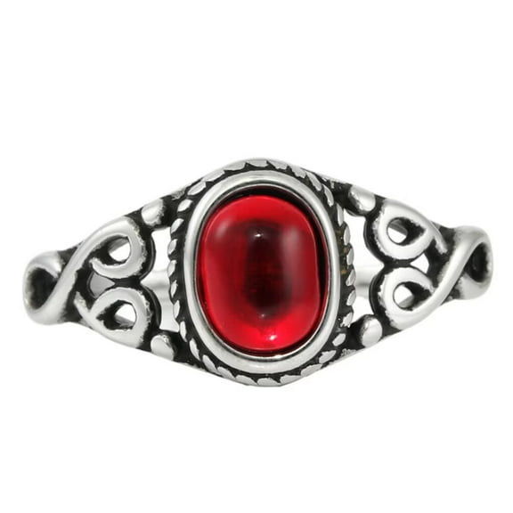 PAMTIER Men's Stainless Steel Vintage Non-Mainstream Hip Hop Cut Out Oval Red Gemstone Special Pattern Ring Silver Size 10