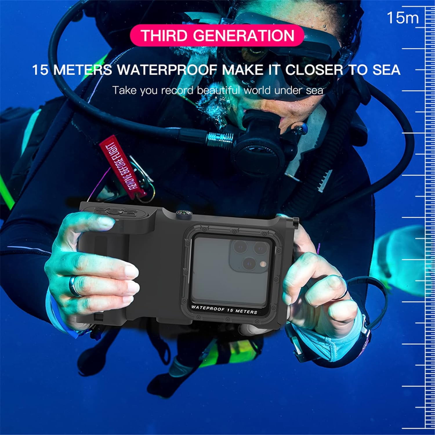 New Updated Extreme Waterproof Underwater Diving, Snorkel Phone Case with Bluetooth Remote Control for All iPhone (Max, Plus, S), Samsung, LG, Google, Android Up to 50Ft, 15M with Lanyard Black